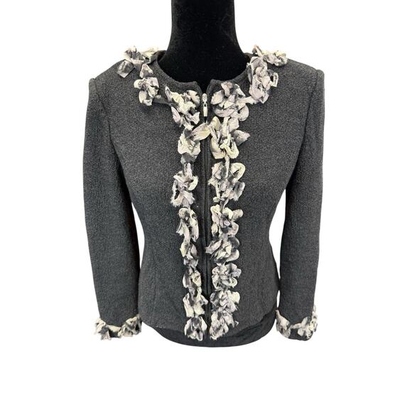 St. John Gray Wool Blend Zip Jacket with Raw Edge Rosette Trim Size 6 - Picture 2 of 12